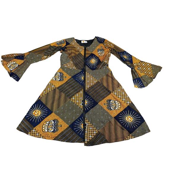 NWT Lola's African Apparel Women's Jacket Dress Blue Gold Size Large - Picture 1 of 10